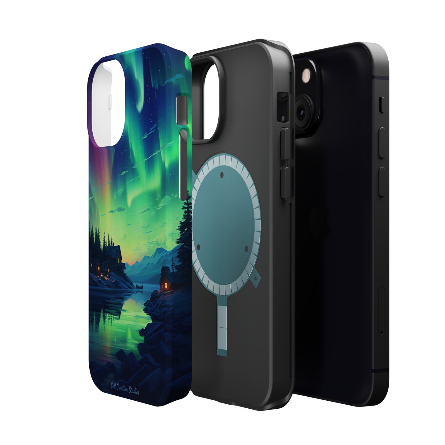 Introducing the "Northern Lights Haven" Cell Phone Case – Experience the Enchantment of Aurora Borealis and Charming Townscape -MagSafe Tough Cases