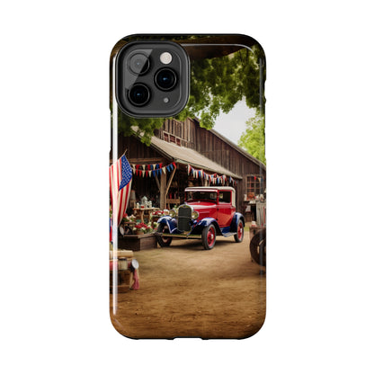 Introducing the "1930s Americana Revival" Cell Phone Case – Relive Vintage Charm with Classic Car, Barn, and the Stars and Stripes -Tough Phone Cases