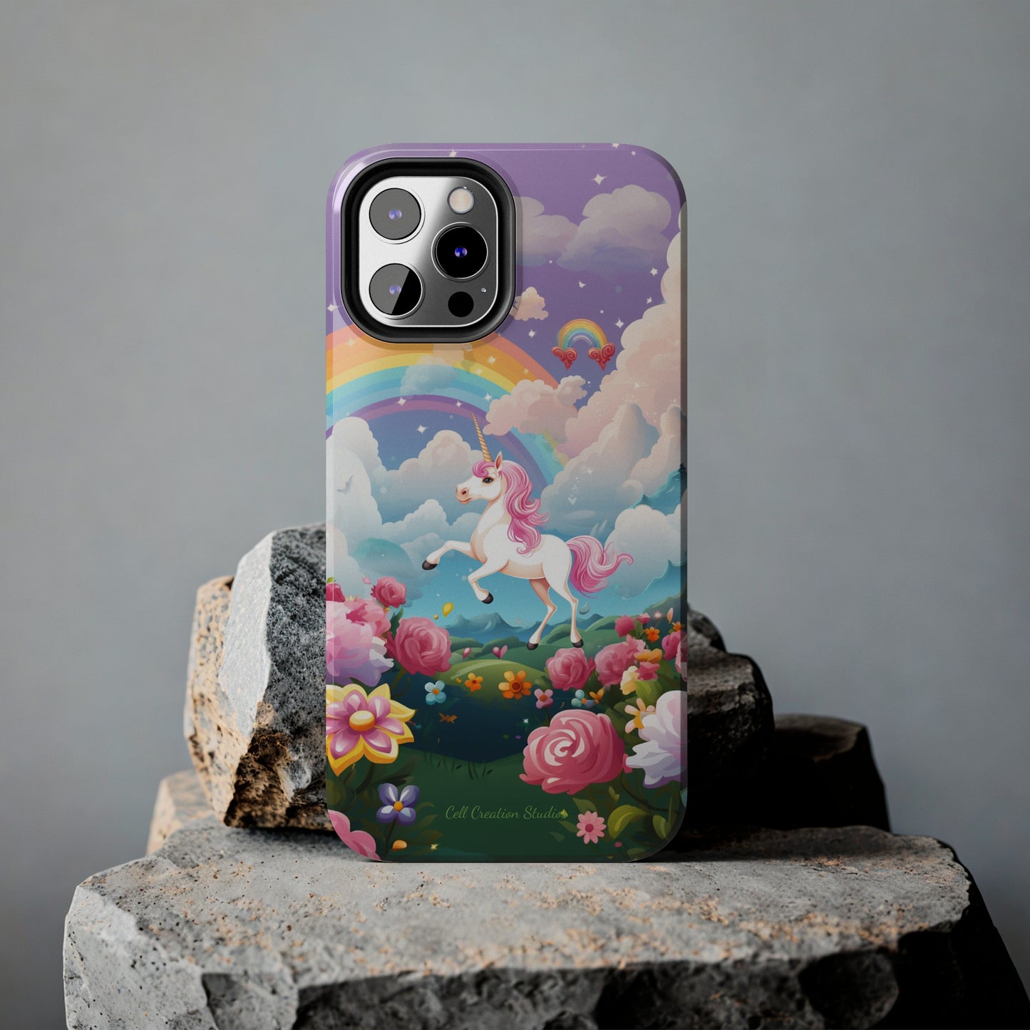 Introducing the "Floral Enchantment" Cell Phone Case – Embrace Your Imagination with a Unicorn in a Field of Flowers -Tough Phone Cases