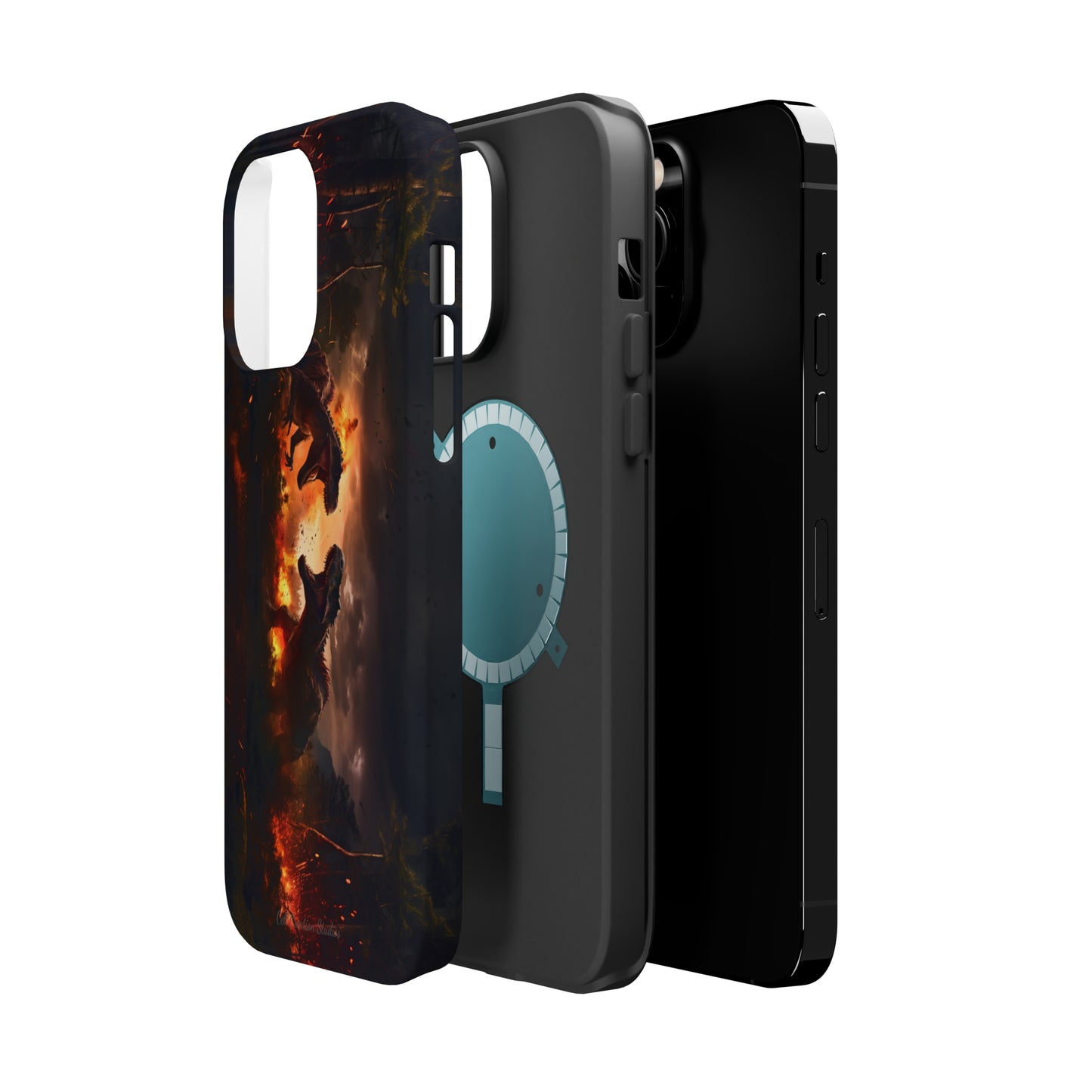 Introducing the "Ancient Battle Inferno" Cell Phone Case – Witness Epic Dinosaur Clash in a Fiery Forest! -MagSafe Tough Cases