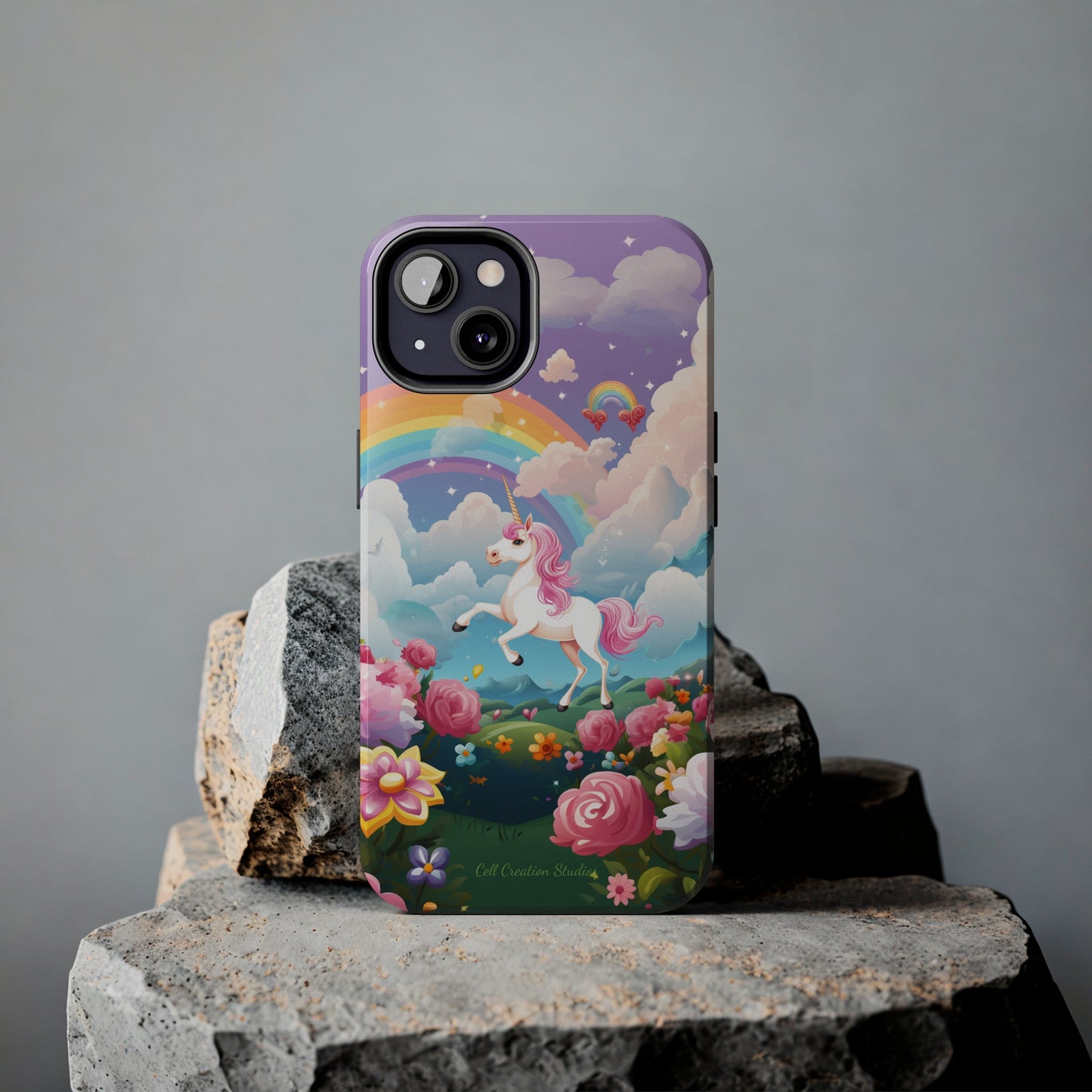 Introducing the "Floral Enchantment" Cell Phone Case – Embrace Your Imagination with a Unicorn in a Field of Flowers -Tough Phone Cases