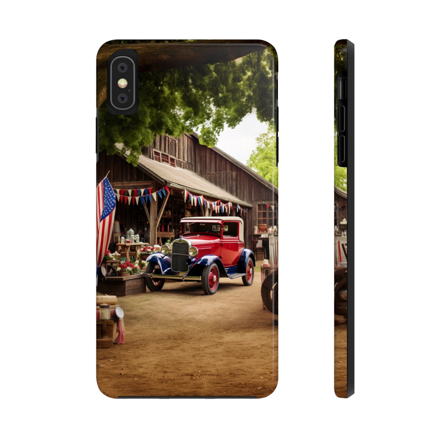 Introducing the "1930s Americana Revival" Cell Phone Case – Relive Vintage Charm with Classic Car, Barn, and the Stars and Stripes -Tough Phone Cases