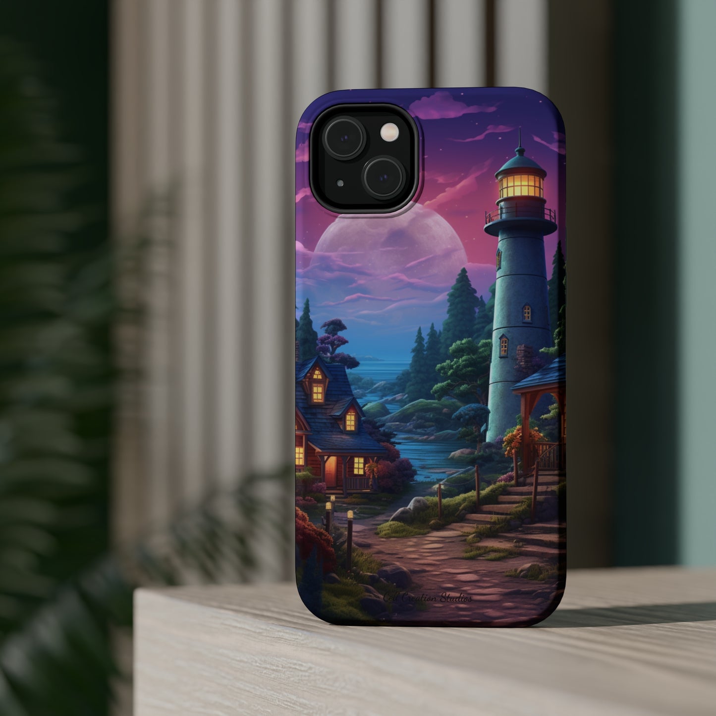 Introducing the "Tranquil Lighthouse Haven" Cell Phone Case – Embrace Serenity with a Picturesque Town and Lighthouse -MagSafe Tough Cases
