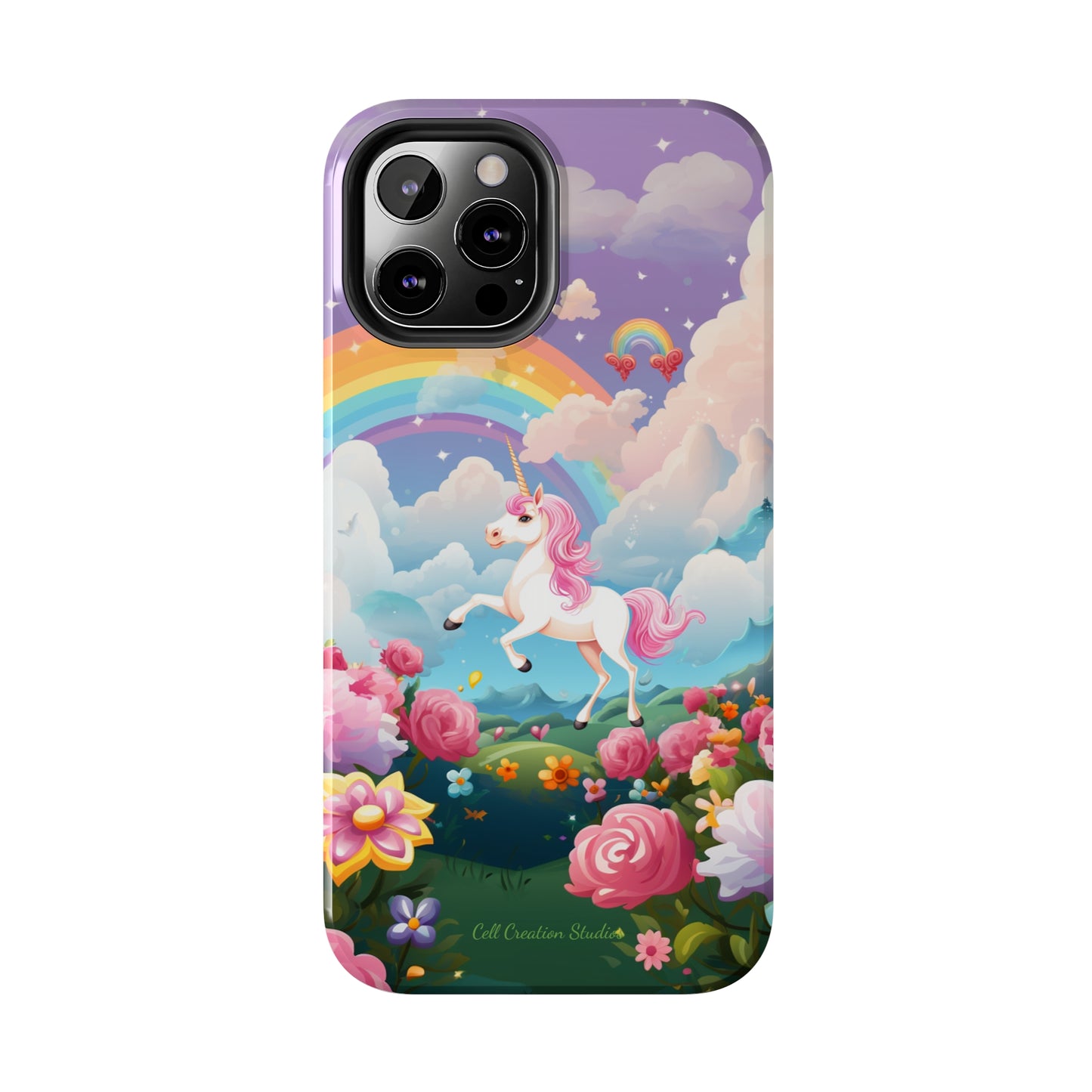 Introducing the "Floral Enchantment" Cell Phone Case – Embrace Your Imagination with a Unicorn in a Field of Flowers -Tough Phone Cases