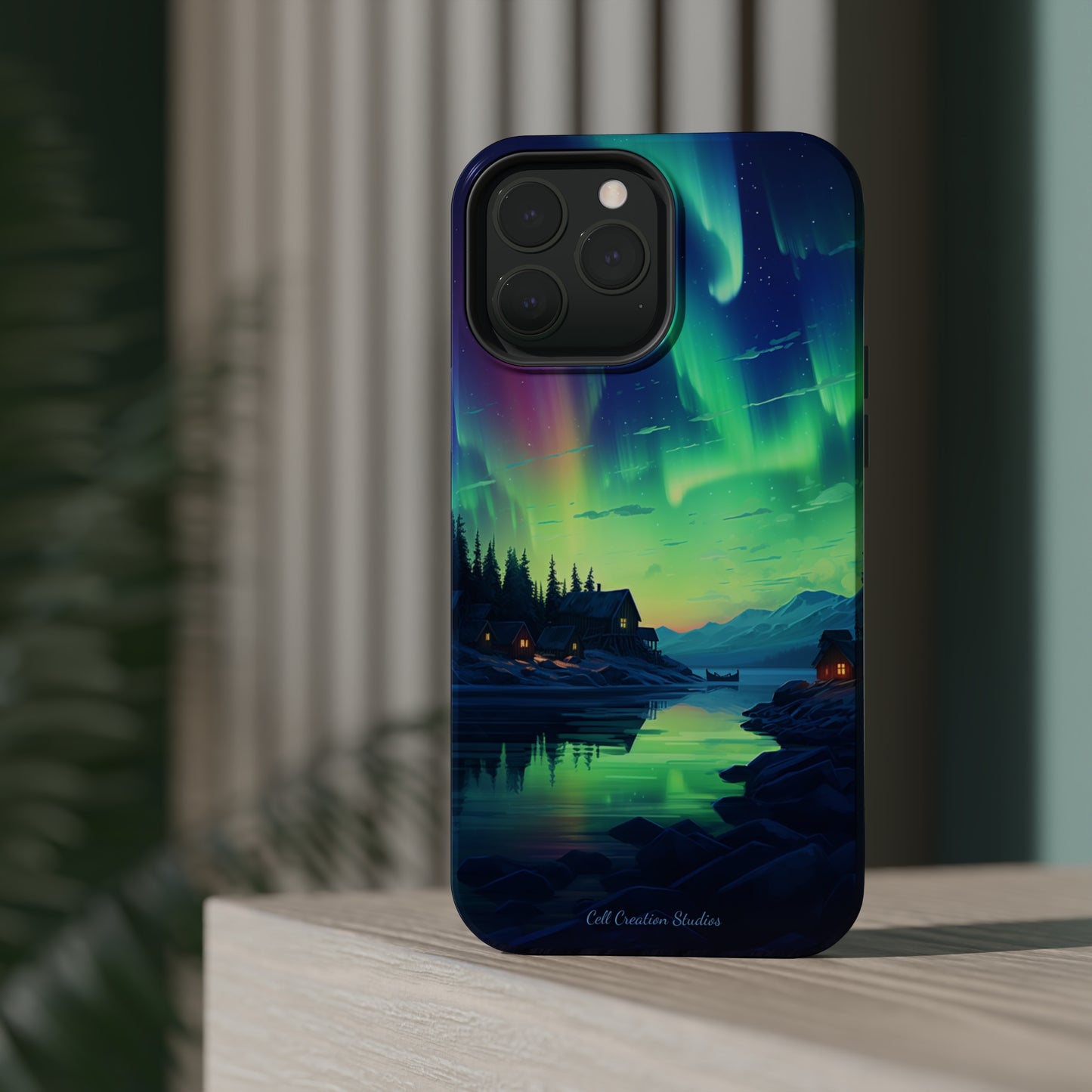 Introducing the "Northern Lights Haven" Cell Phone Case – Experience the Enchantment of Aurora Borealis and Charming Townscape -MagSafe Tough Cases