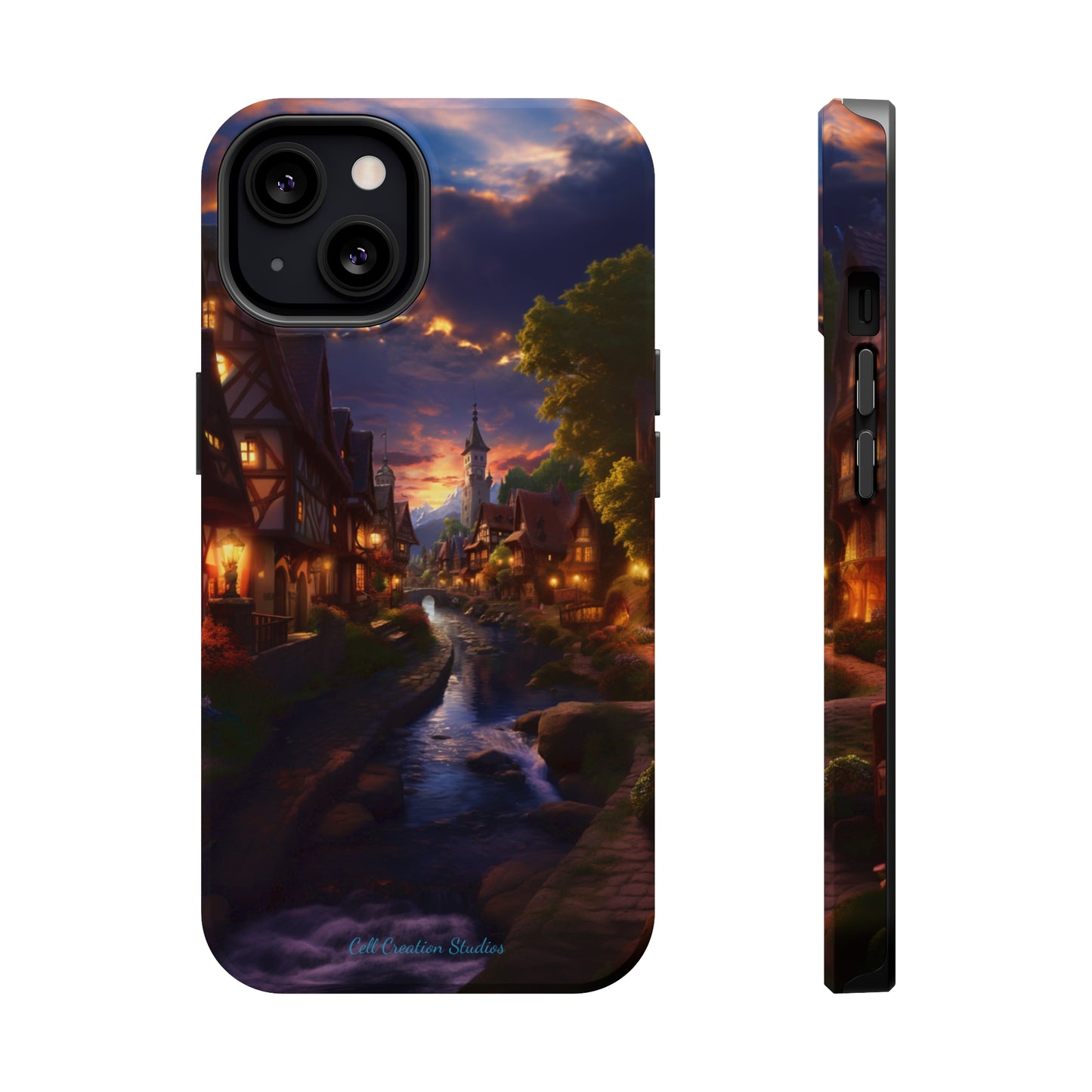 Introducing the "Riverside Serenity" Cell Phone Case – Embrace Peace with a Tranquil Town and Flowing River -MagSafe Tough Cases