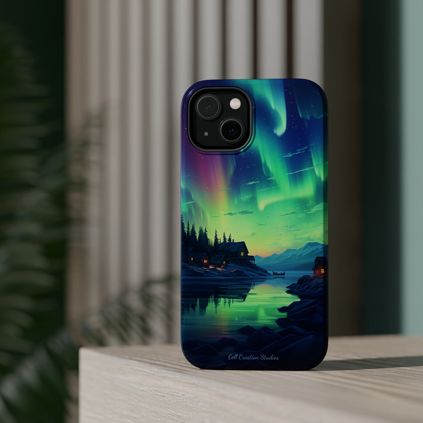 Introducing the "Northern Lights Haven" Cell Phone Case – Experience the Enchantment of Aurora Borealis and Charming Townscape -MagSafe Tough Cases