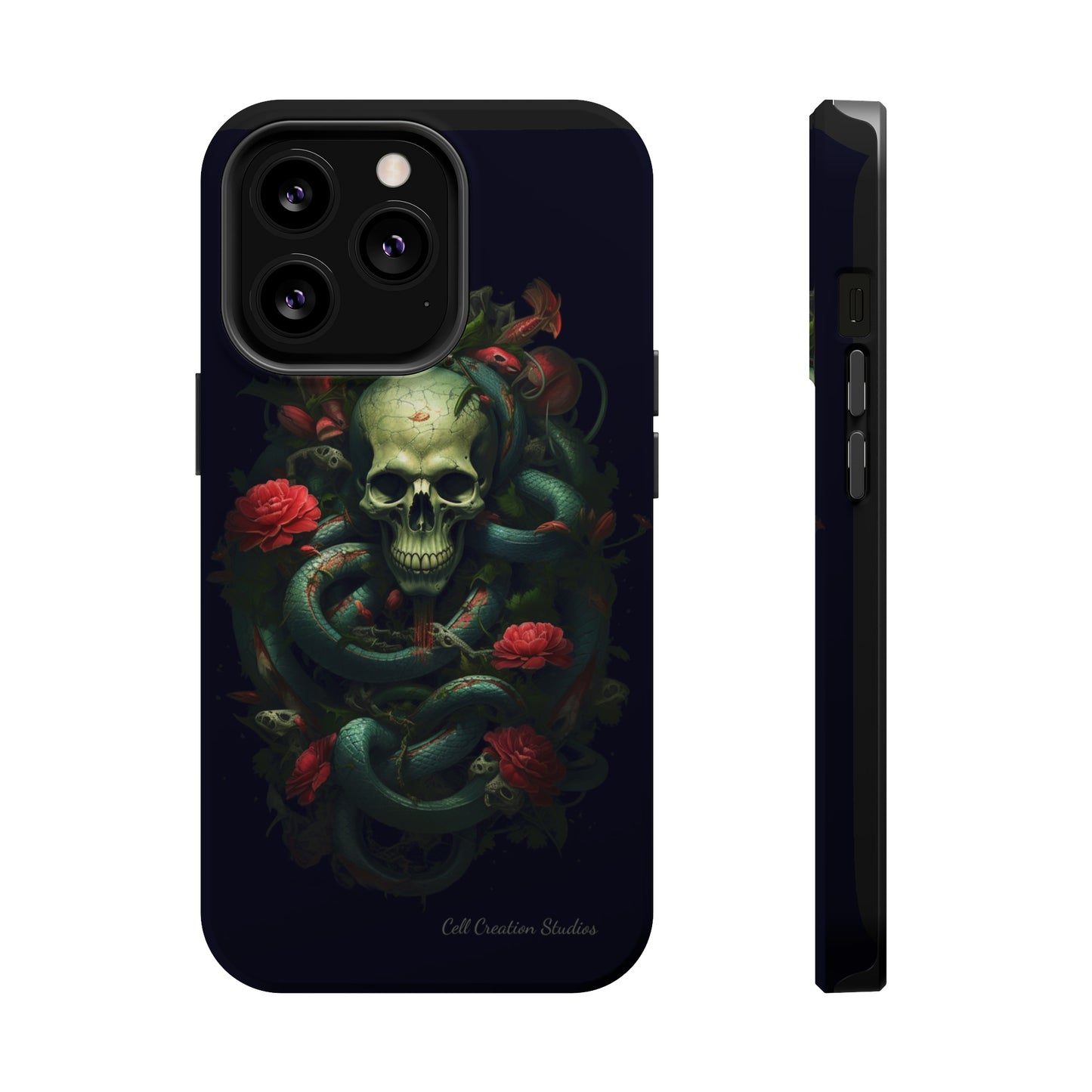 Introducing the "Serpentine Elegance" Cell Phone Case: Where Skulls and Snakes Intertwine -MagSafe Tough Cases