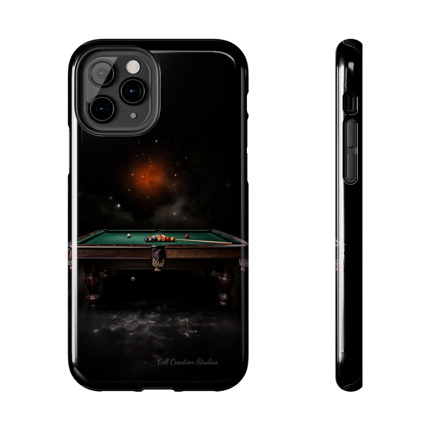 "Rack 'Em Up in Style: Pool Table-Themed Phone Case with Space Background" -Tough Phone Cases