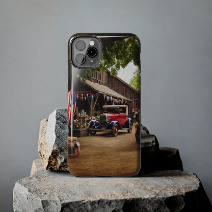 Introducing the "1930s Americana Revival" Cell Phone Case – Relive Vintage Charm with Classic Car, Barn, and the Stars and Stripes -Tough Phone Cases