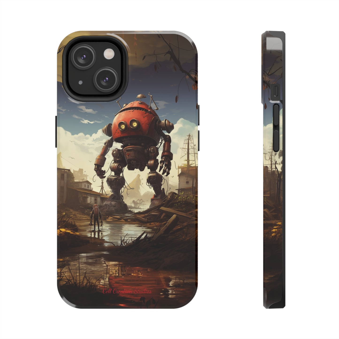 Introducing the "Urban Encounter" Cell Phone Case – Witness the Epic Convergence of Man and Giant Robot -Tough Phone Cases