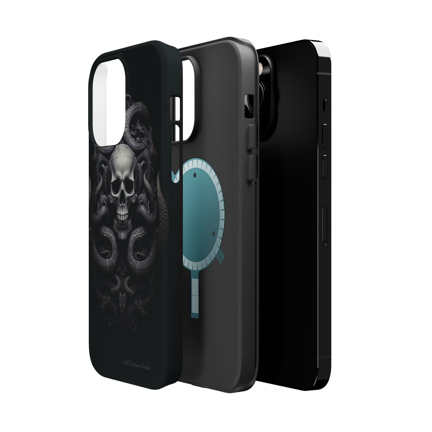 Introducing the "Monochrome Skull and Snakes" Cell Phone Case – A Bold Statement -MagSafe Tough Cases