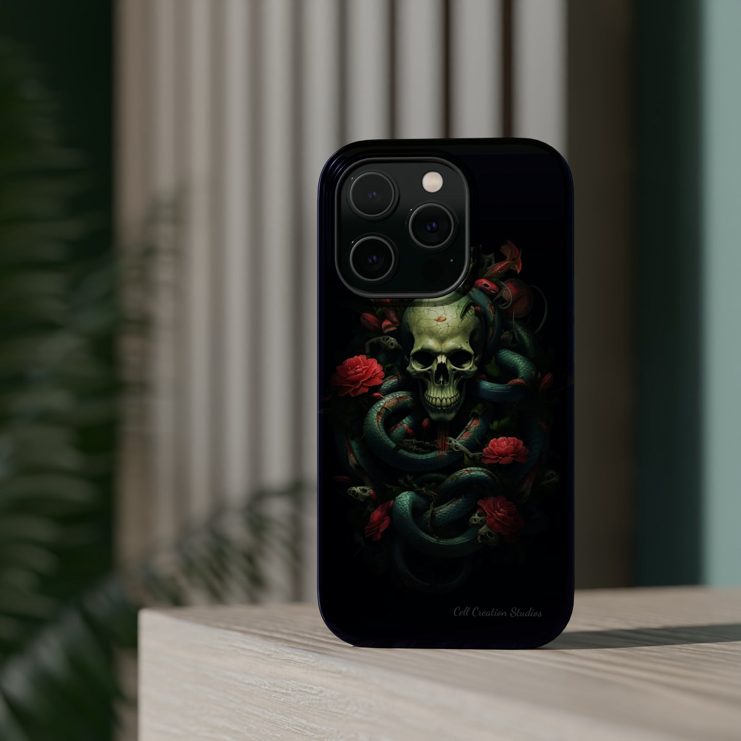 Introducing the "Serpentine Elegance" Cell Phone Case: Where Skulls and Snakes Intertwine -MagSafe Tough Cases