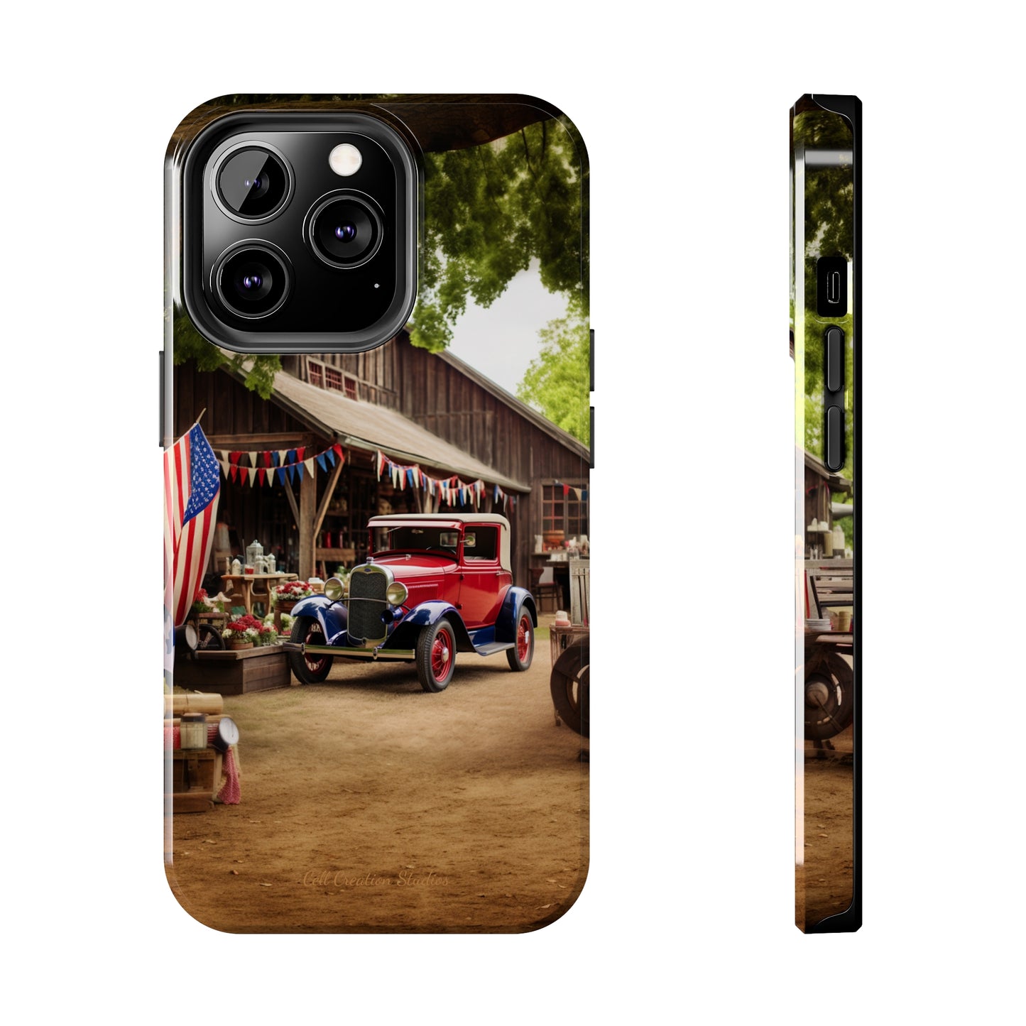 Introducing the "1930s Americana Revival" Cell Phone Case – Relive Vintage Charm with Classic Car, Barn, and the Stars and Stripes -Tough Phone Cases