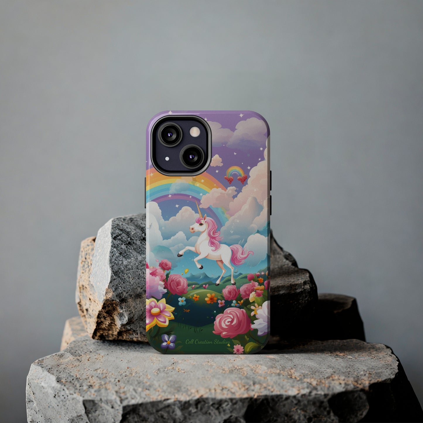 Introducing the "Floral Enchantment" Cell Phone Case – Embrace Your Imagination with a Unicorn in a Field of Flowers -Tough Phone Cases