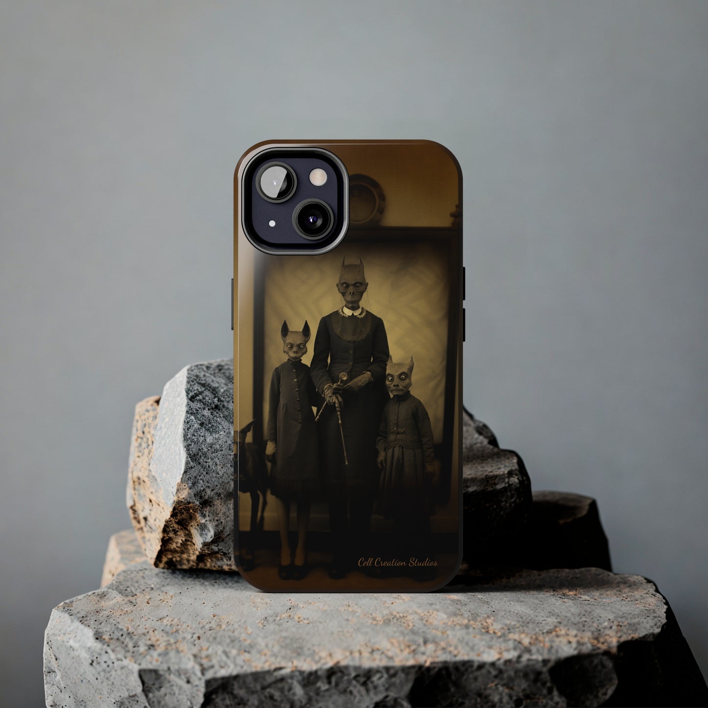 Introducing the "Vintage Odd Creatures" Cell Phone Case – Step into the Eerie Charm of a Haunting Family Portrait -Tough Phone Cases