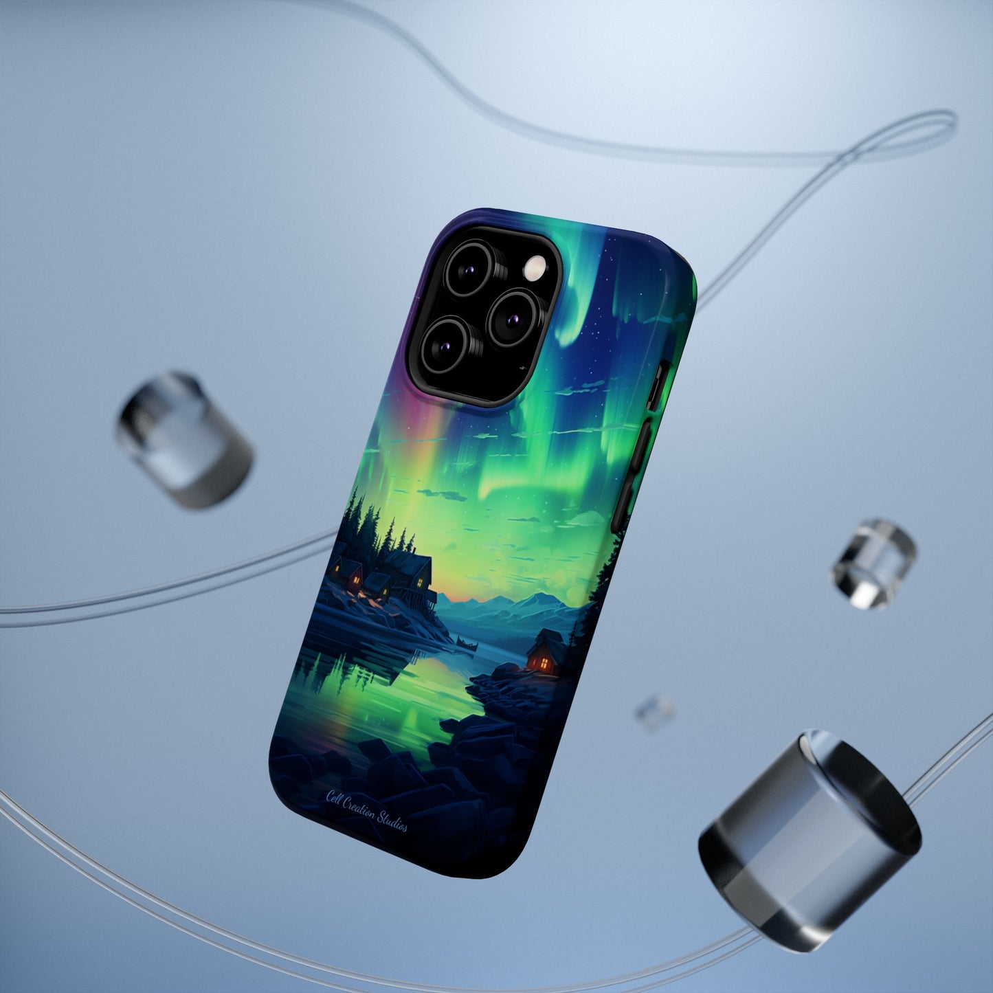 Introducing the "Northern Lights Haven" Cell Phone Case – Experience the Enchantment of Aurora Borealis and Charming Townscape -MagSafe Tough Cases