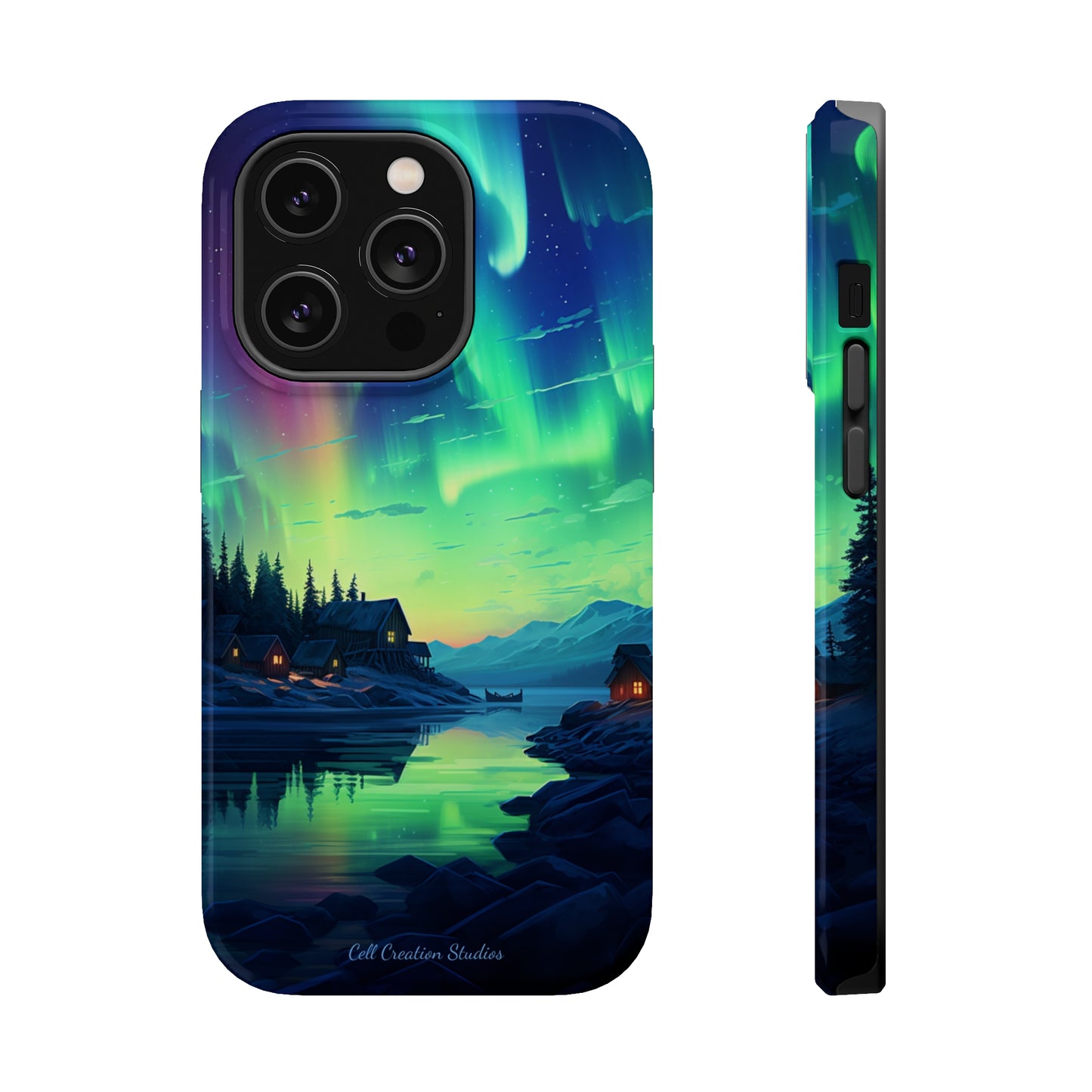 Introducing the "Northern Lights Haven" Cell Phone Case – Experience the Enchantment of Aurora Borealis and Charming Townscape -MagSafe Tough Cases