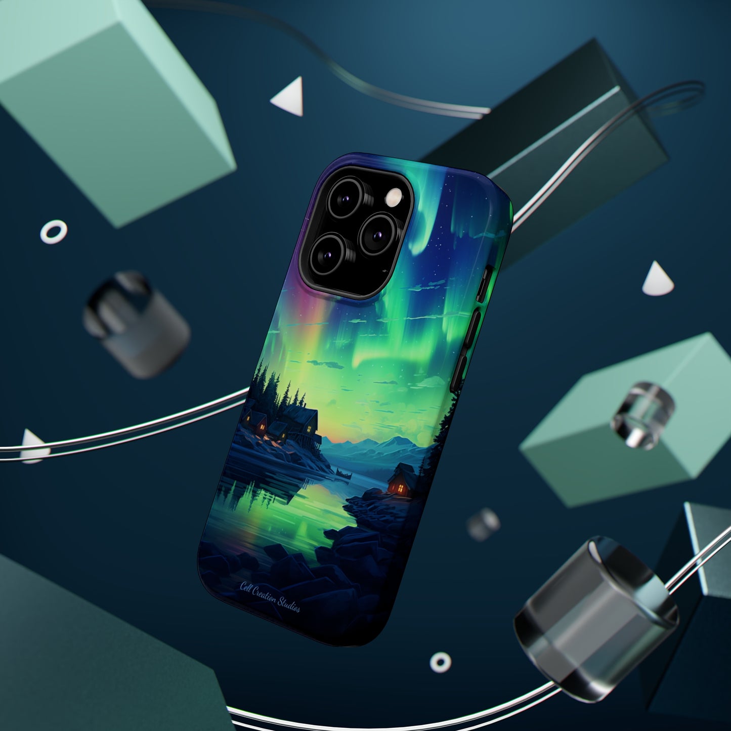 Introducing the "Northern Lights Haven" Cell Phone Case – Experience the Enchantment of Aurora Borealis and Charming Townscape -MagSafe Tough Cases