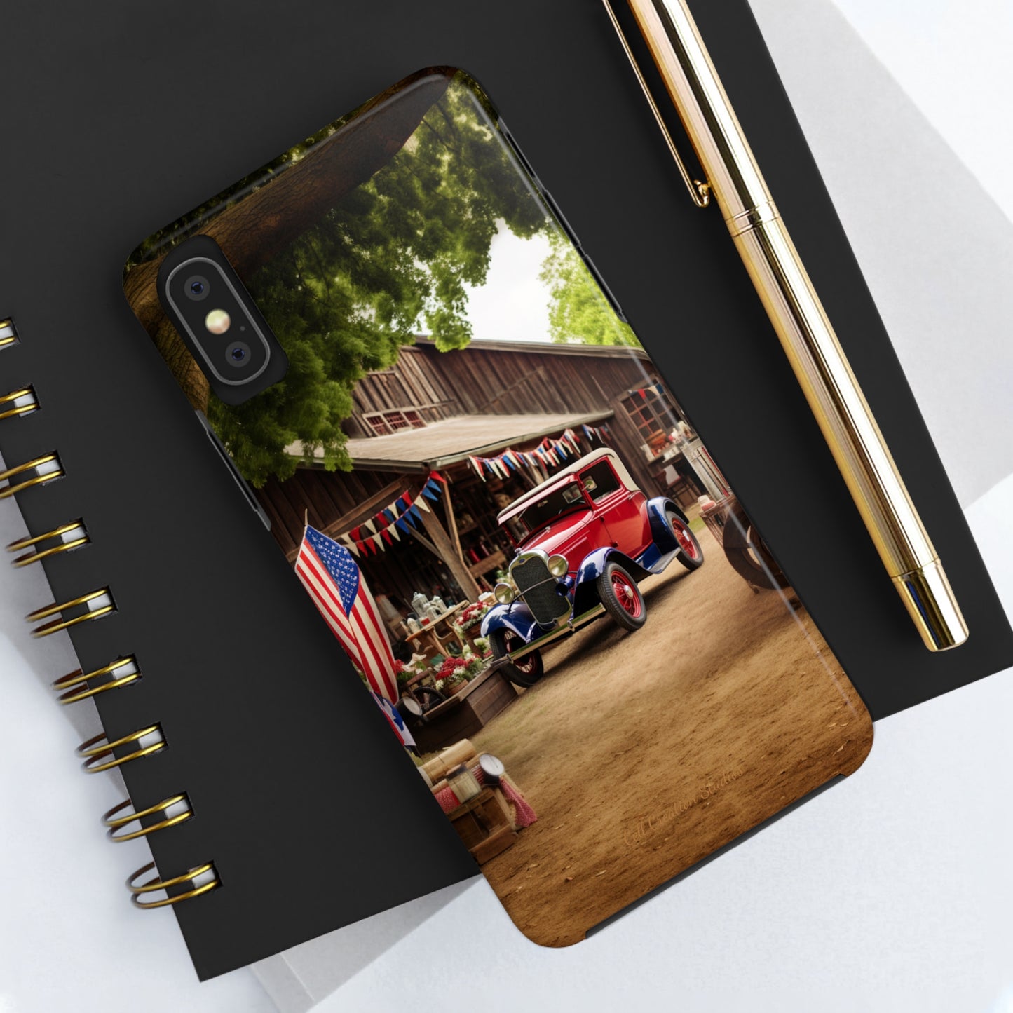 Introducing the "1930s Americana Revival" Cell Phone Case – Relive Vintage Charm with Classic Car, Barn, and the Stars and Stripes -Tough Phone Cases