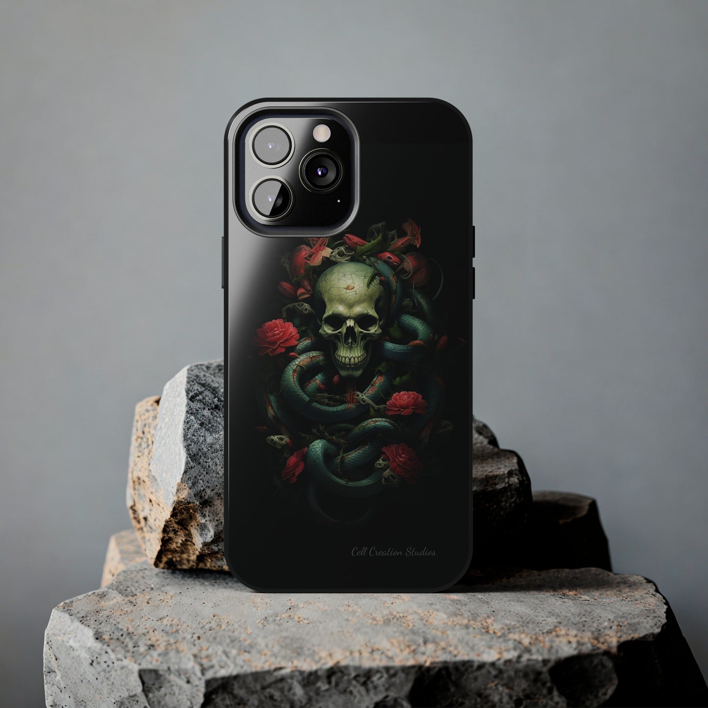 Introducing the "Serpentine Elegance" Cell Phone Case: Where Skulls and Snakes, Intertwine -Tough Phone Cases