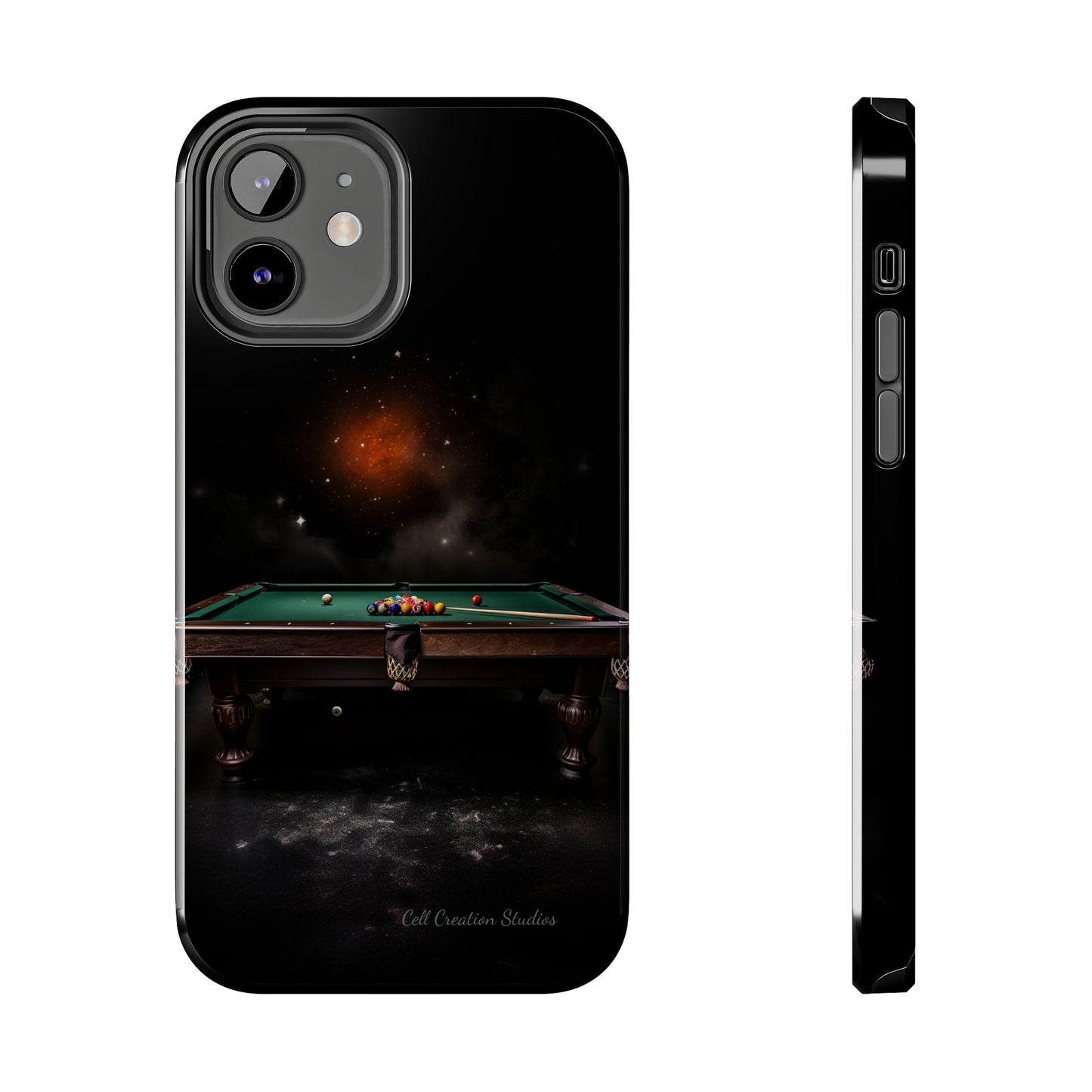 "Rack 'Em Up in Style: Pool Table-Themed Phone Case with Space Background" -Tough Phone Cases