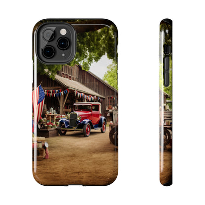 Introducing the "1930s Americana Revival" Cell Phone Case – Relive Vintage Charm with Classic Car, Barn, and the Stars and Stripes -Tough Phone Cases