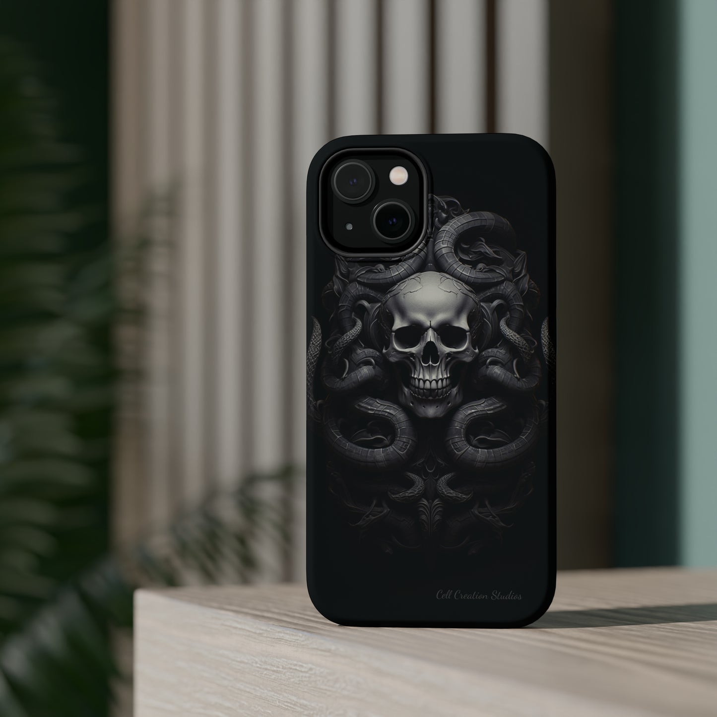 Introducing the "Monochrome Skull and Snakes" Cell Phone Case – A Bold Statement -MagSafe Tough Cases