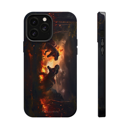 Introducing the "Ancient Battle Inferno" Cell Phone Case – Witness Epic Dinosaur Clash in a Fiery Forest! -MagSafe Tough Cases