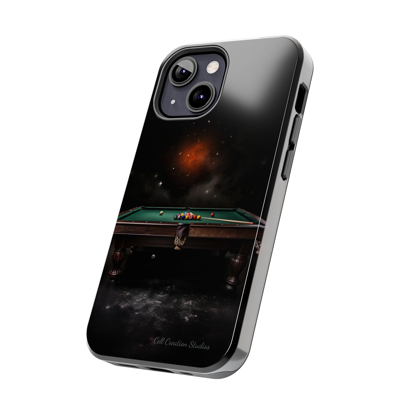 "Rack 'Em Up in Style: Pool Table-Themed Phone Case with Space Background" -Tough Phone Cases