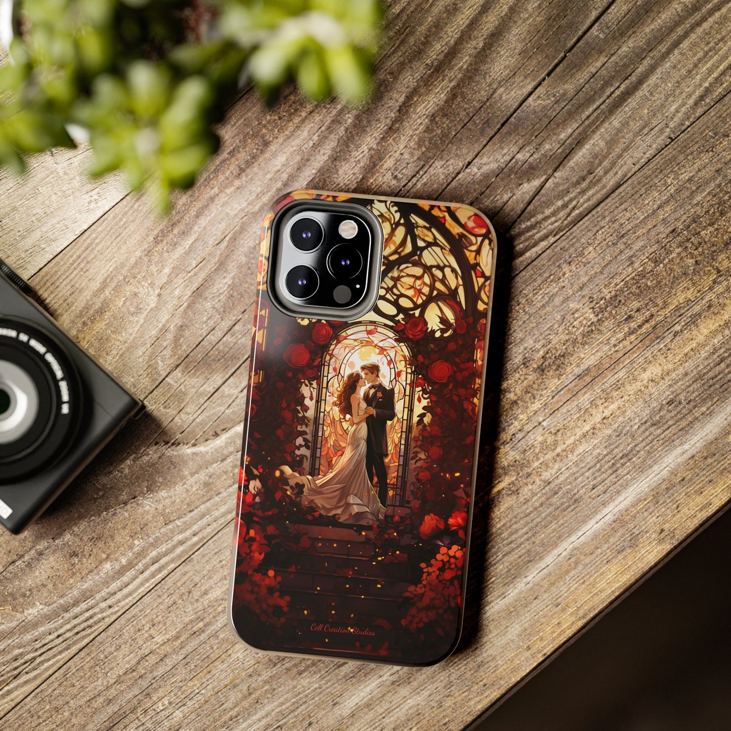 Introducing the "Stained Glass Love" Cell Phone Case – Capture the Romance of a Couple in Front of a Stained Glass Window -Tough Phone Cases