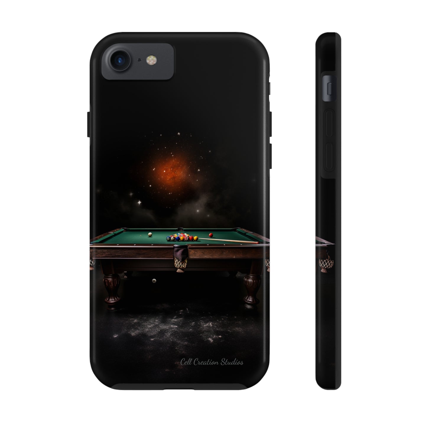 "Rack 'Em Up in Style: Pool Table-Themed Phone Case with Space Background" -Tough Phone Cases