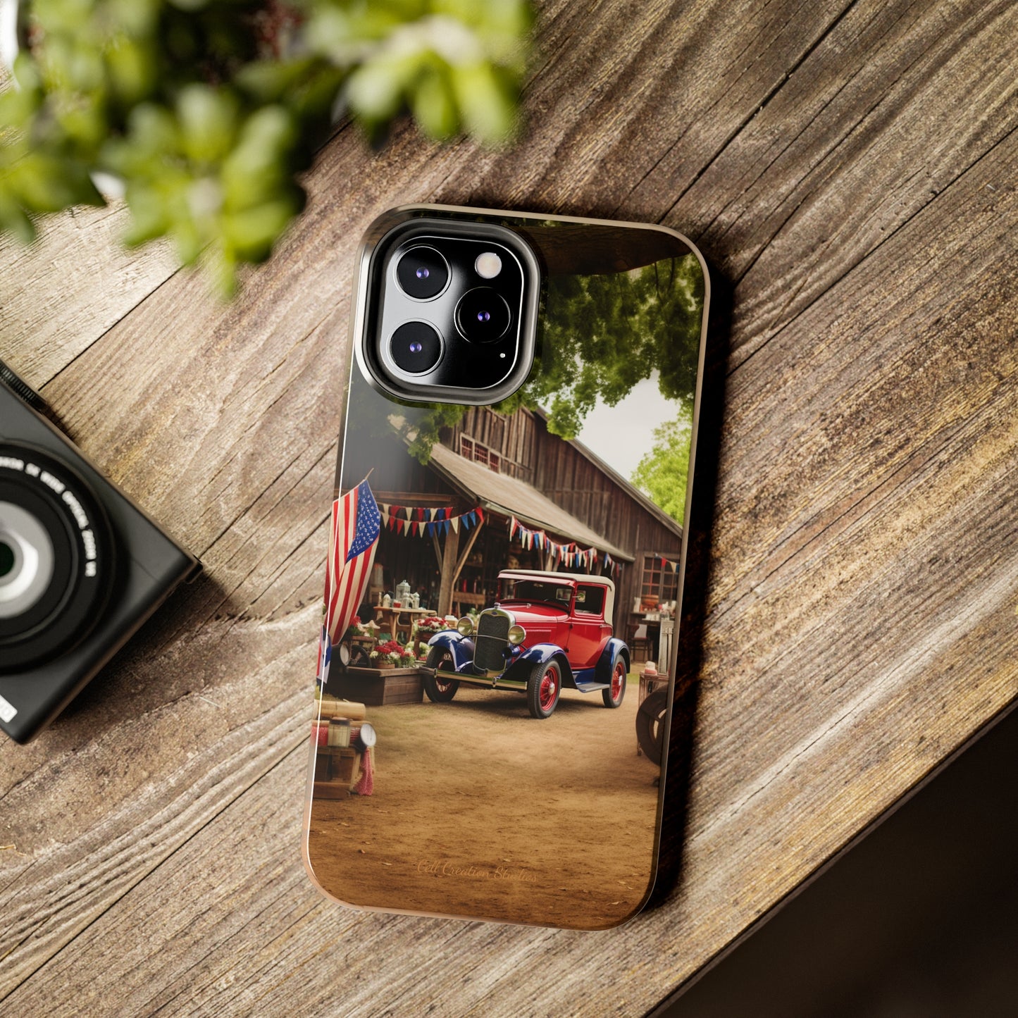 Introducing the "1930s Americana Revival" Cell Phone Case – Relive Vintage Charm with Classic Car, Barn, and the Stars and Stripes -Tough Phone Cases