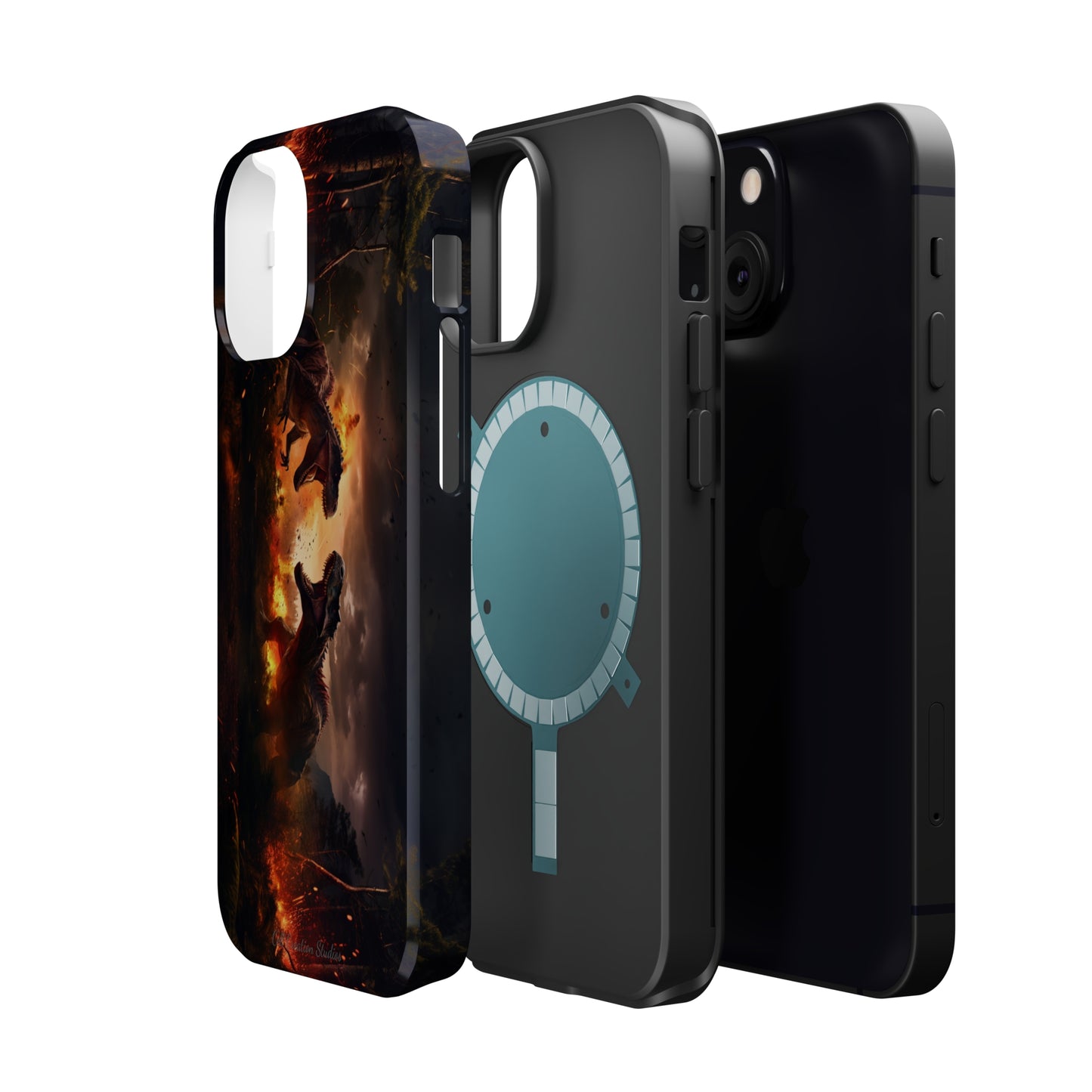 Introducing the "Ancient Battle Inferno" Cell Phone Case – Witness Epic Dinosaur Clash in a Fiery Forest! -MagSafe Tough Cases