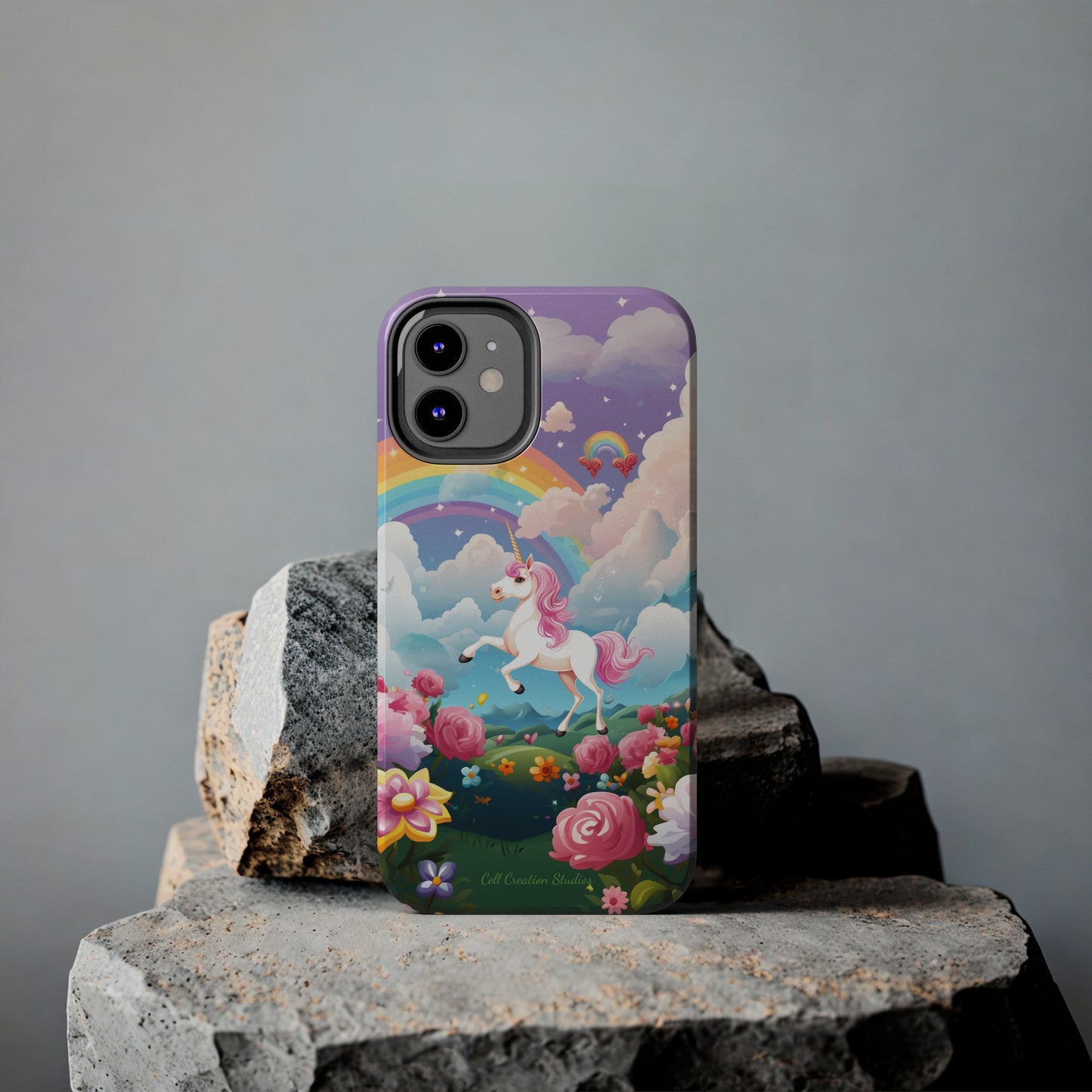 Introducing the "Floral Enchantment" Cell Phone Case – Embrace Your Imagination with a Unicorn in a Field of Flowers -Tough Phone Cases