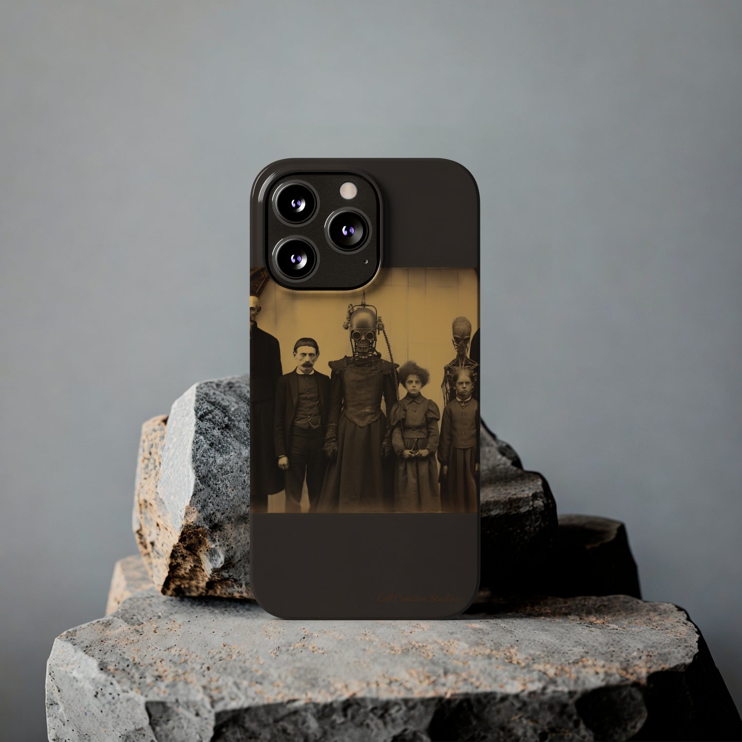 Introducing the "Vintage Odd Creatures" Cell Phone Case – Step into the Eerie Charm of a Haunting Family Portrait -Slim Phone Cases