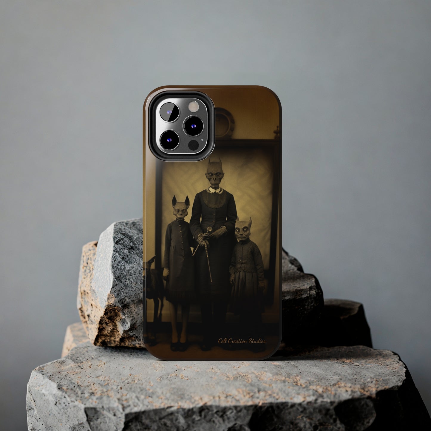 Introducing the "Vintage Odd Creatures" Cell Phone Case – Step into the Eerie Charm of a Haunting Family Portrait -Tough Phone Cases