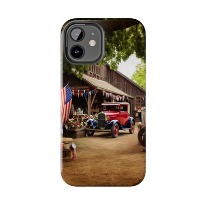 Introducing the "1930s Americana Revival" Cell Phone Case – Relive Vintage Charm with Classic Car, Barn, and the Stars and Stripes -Tough Phone Cases