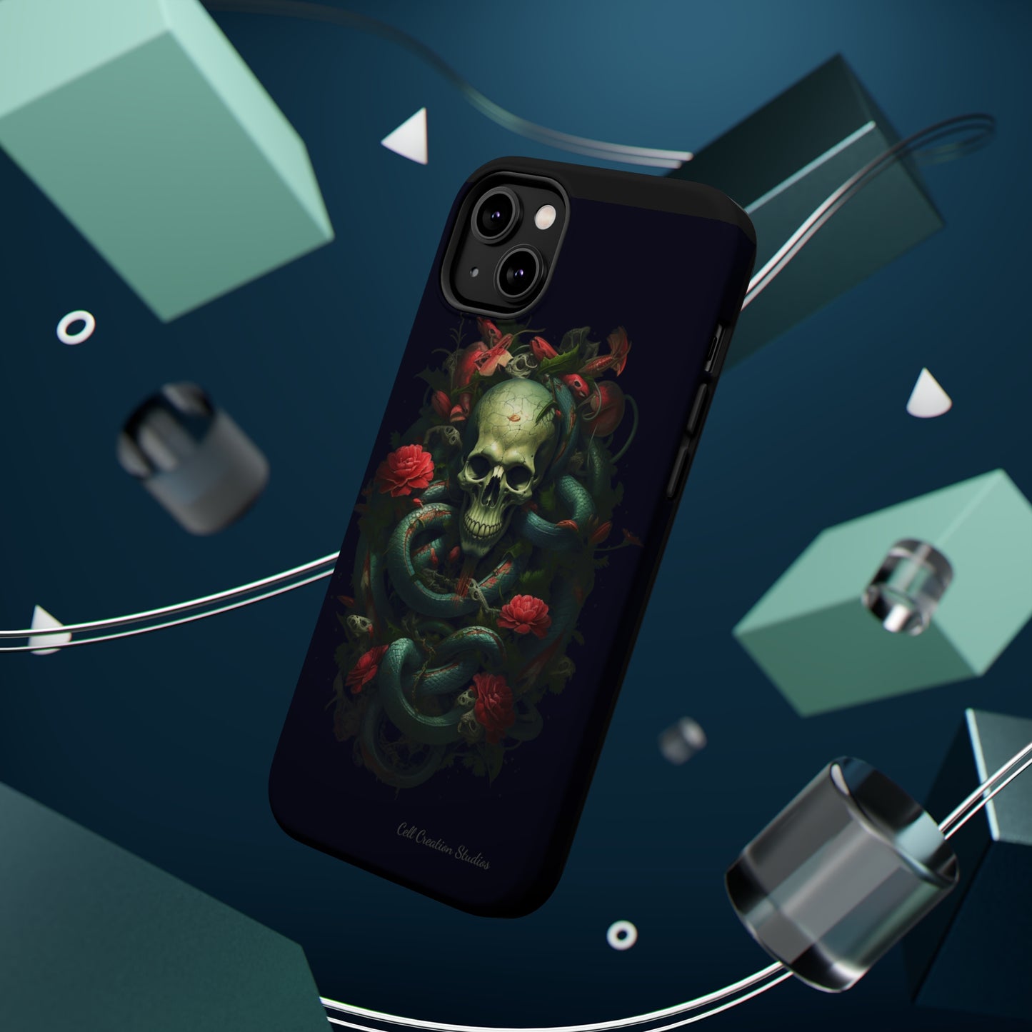 Introducing the "Serpentine Elegance" Cell Phone Case: Where Skulls and Snakes Intertwine -MagSafe Tough Cases