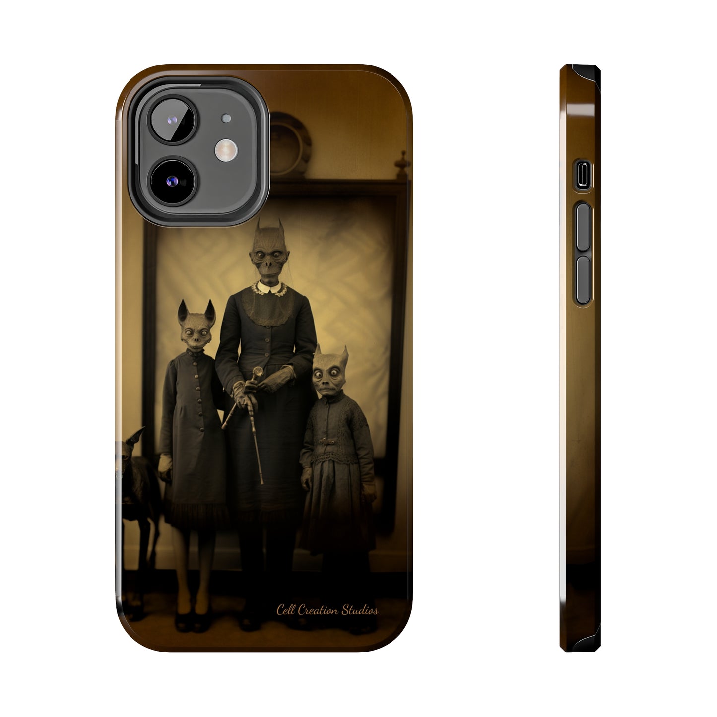 Introducing the "Vintage Odd Creatures" Cell Phone Case – Step into the Eerie Charm of a Haunting Family Portrait -Tough Phone Cases