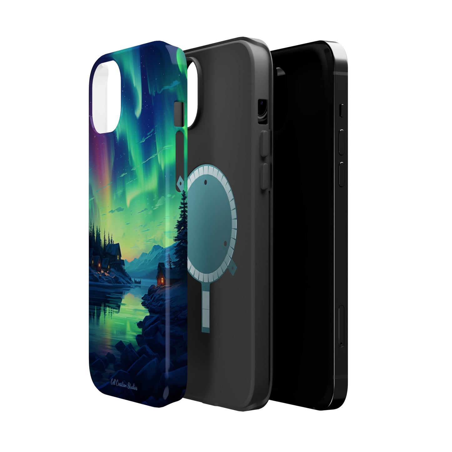 Introducing the "Northern Lights Haven" Cell Phone Case – Experience the Enchantment of Aurora Borealis and Charming Townscape -MagSafe Tough Cases