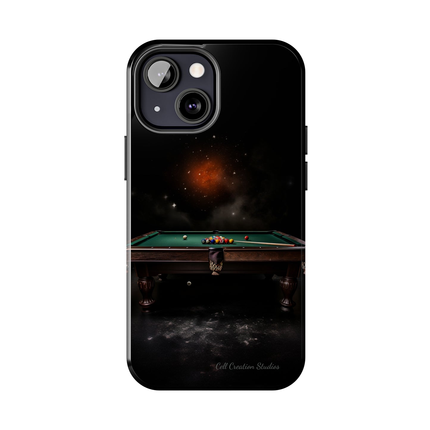 "Rack 'Em Up in Style: Pool Table-Themed Phone Case with Space Background" -Tough Phone Cases