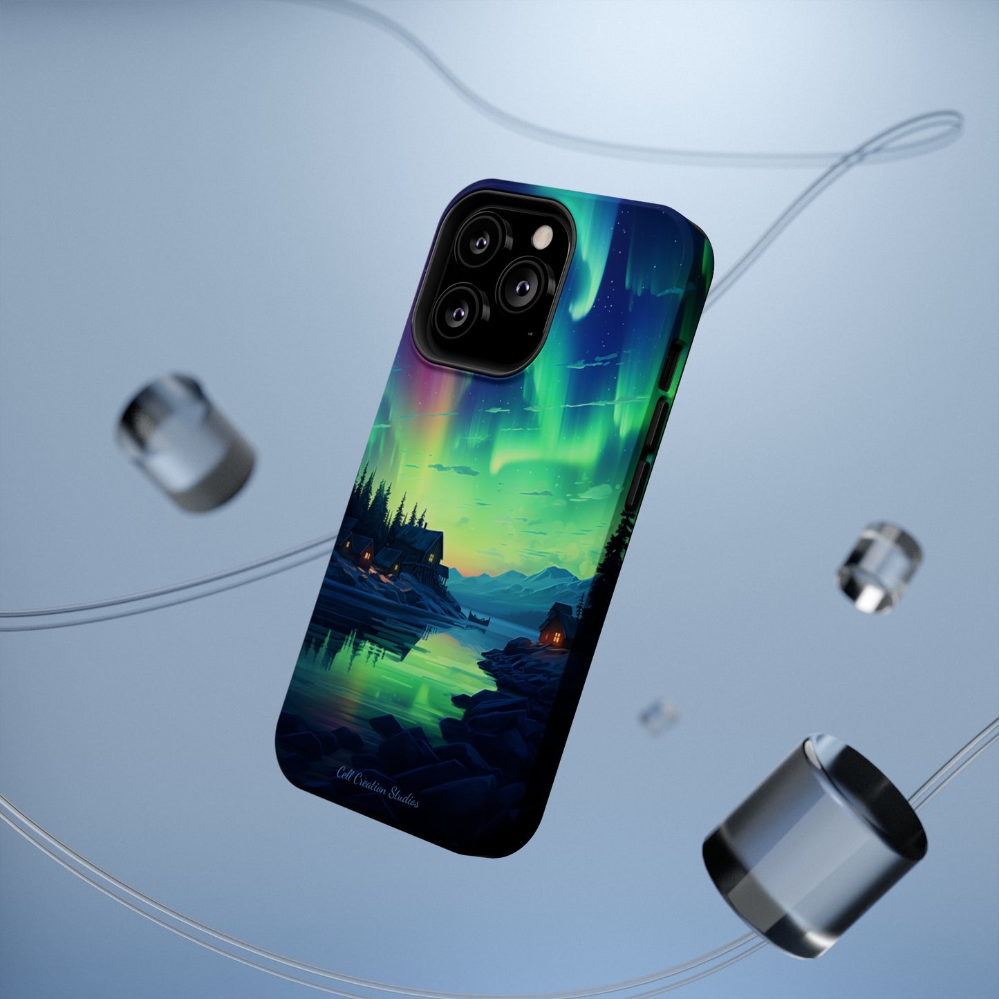 Introducing the "Northern Lights Haven" Cell Phone Case – Experience the Enchantment of Aurora Borealis and Charming Townscape -MagSafe Tough Cases