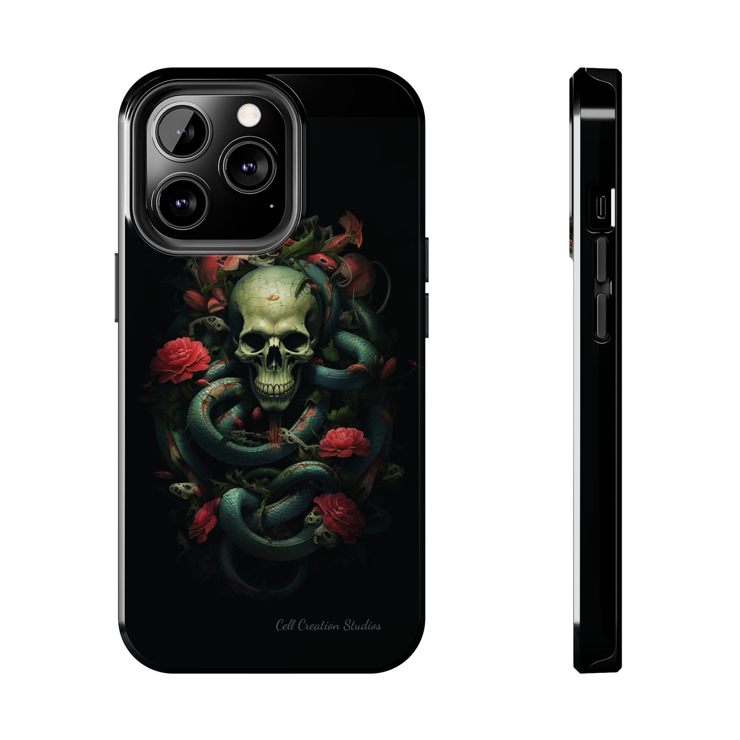 Introducing the "Serpentine Elegance" Cell Phone Case: Where Skulls and Snakes, Intertwine -Tough Phone Cases